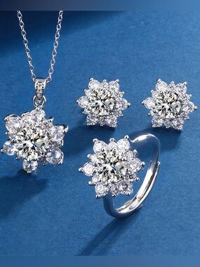 Sunflower Silver Floral Cubic Zirconia Jewelry Set - White Sparkle